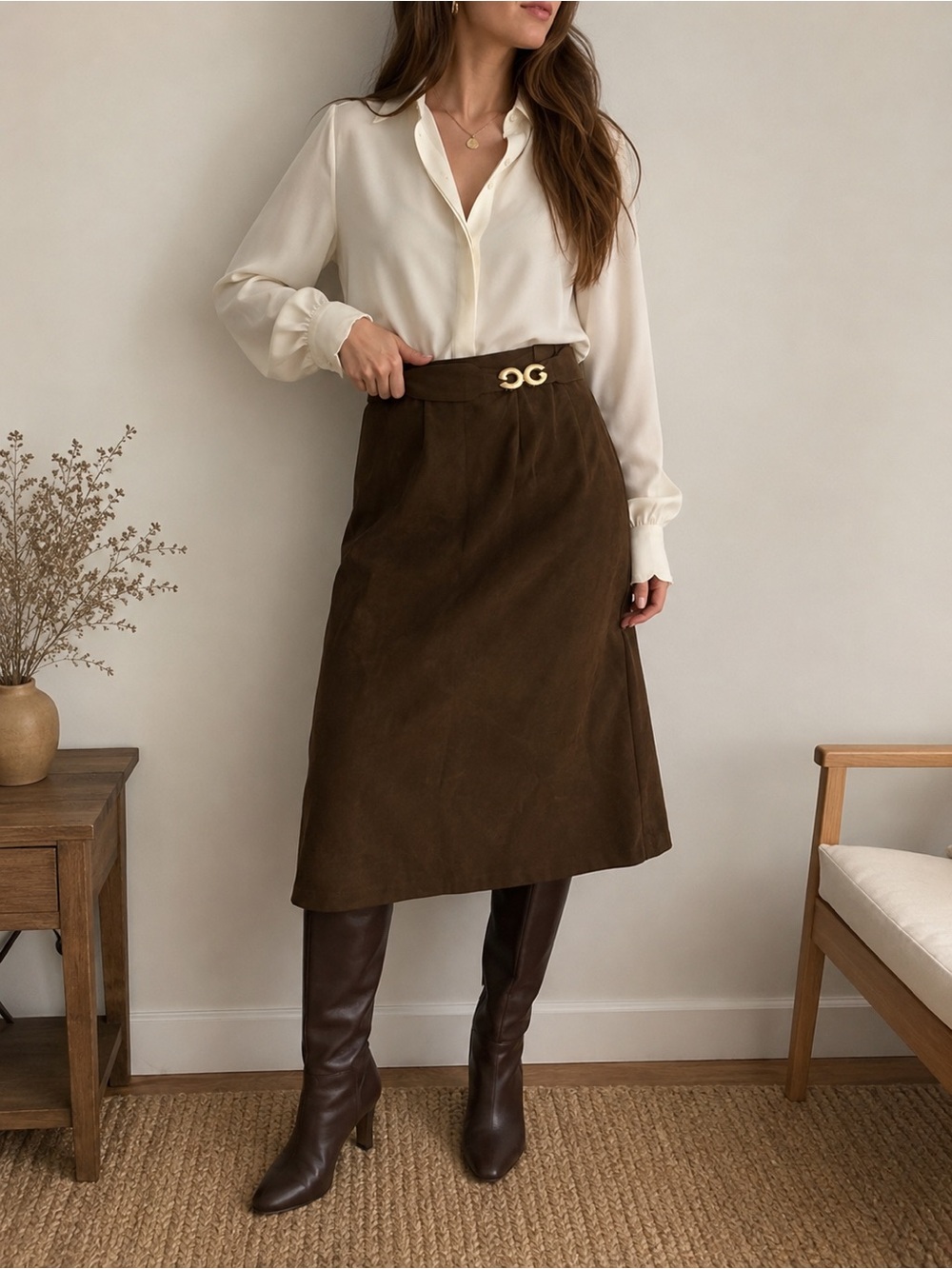Vintage Brown Suede Midi Skirt Gold Buckle Detail Size 12 Classic Chic Style